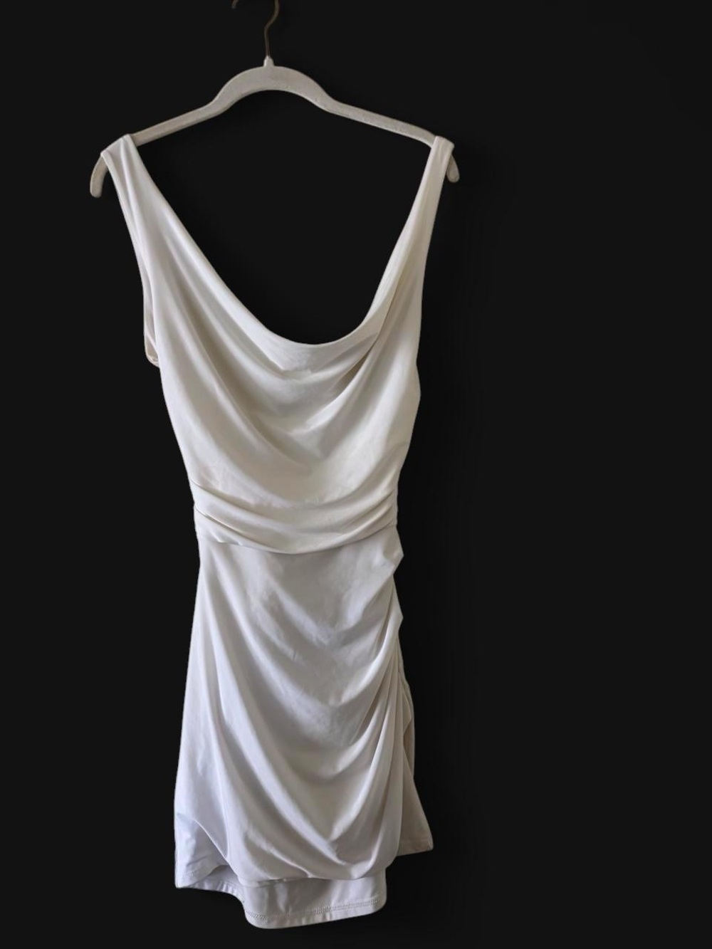 Elegant White Draped Cowl Neck Mini Dress